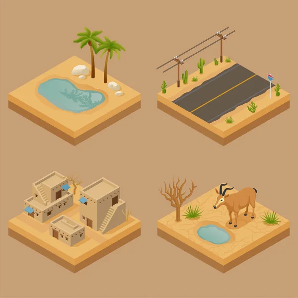 Woestijnlandschap 2X2 Ontwerp Concept Set Van Vier Isometrische Samenstellingen Met — Stockvector