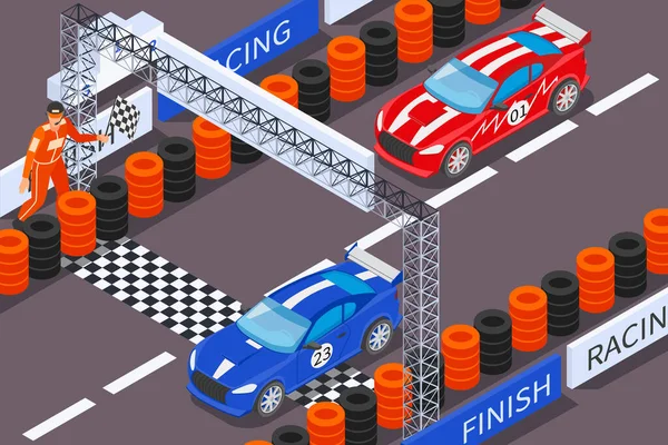 Racing Ισομετρική Σύνθεση Εξωτερική Άποψη Της Πίστας Αγώνων Αυτοκίνητα Διέλευσης — Διανυσματικό Αρχείο