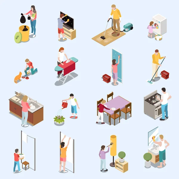 Family Housework Isometric Set Adult Children Involved Home Chores Isolated — Stock Vector