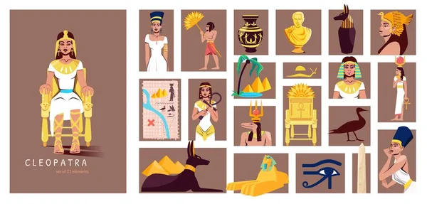 Cleopatra Platte Samenstelling Bestaande Uit Afzonderlijke Rechthoekige Illustraties Van Oude — Stockvector