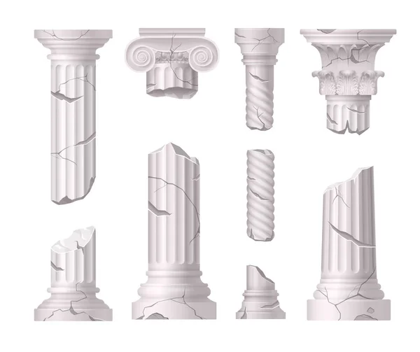 Broken Marble Pillars Columns Classical Decor Baroque Style Realistic Set — Stock Vector