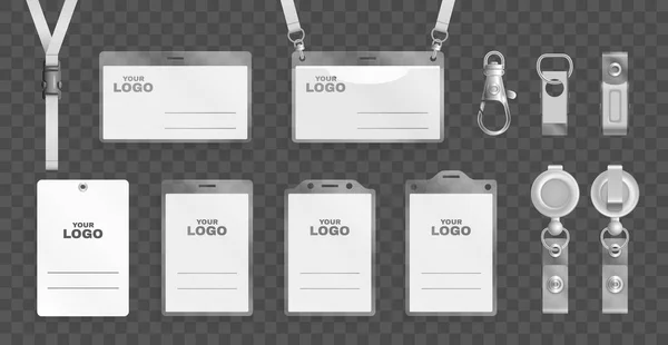 Realistic Set Badges Cards Templates Plastic Holders Lanyards Metal Clips — Stock Vector