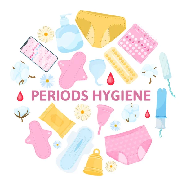 Menstruatieperiode Hygiëne Platte Samenstelling Met Damesslipjes Pads Tampons Menstruatie Kalender — Stockvector