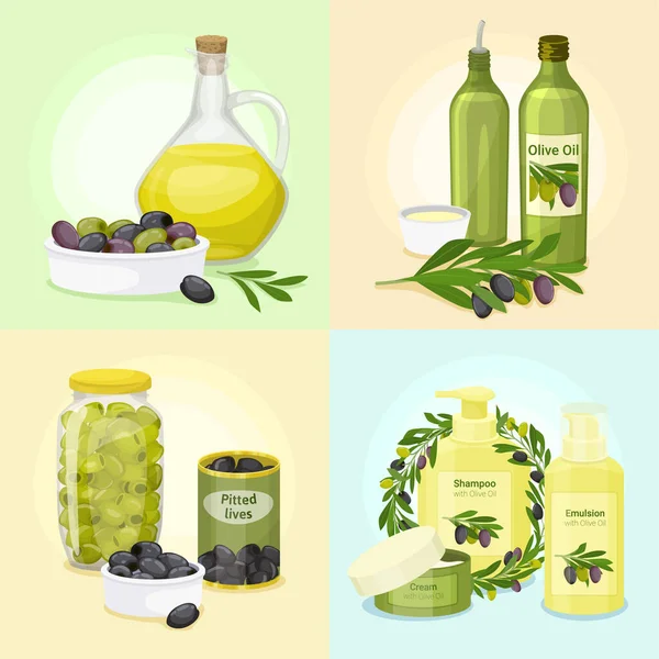 Vier Quadrate Mit Oliven Flache Farbige Symbol Set Ölflaschen Grüne — Stockvektor
