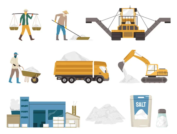 Salt Production Flat Set Machinery Workers Finished Product Isolated White — Stock Vector