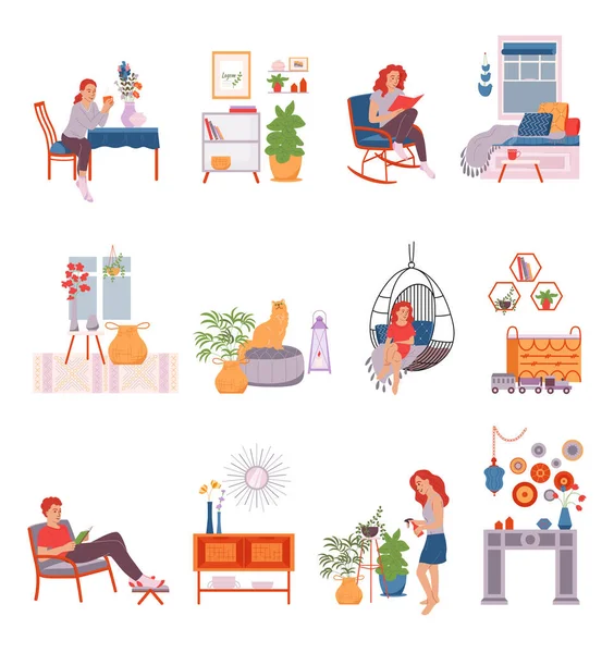 Lagom Vida Conjunto Iconos Planos Aislados Con Elementos Interiores Decoración — Archivo Imágenes Vectoriales