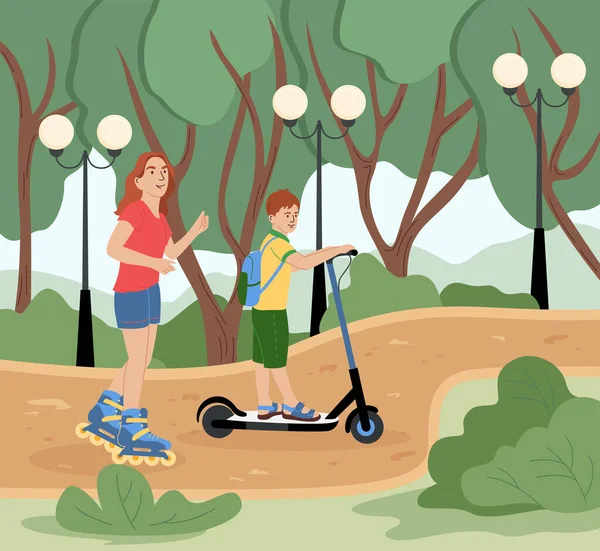 在城市公园矢量图上 家庭活动背景平坦 母亲打滚 儿子骑摩托车 — 图库矢量图片