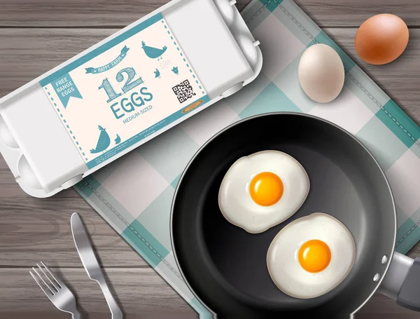 Τηγάνι Τηγανητά Αυγά Και Πλαστική Συσκευασία Ξύλινο Τραπέζι Κουζίνας Κάτοψη — Διανυσματικό Αρχείο
