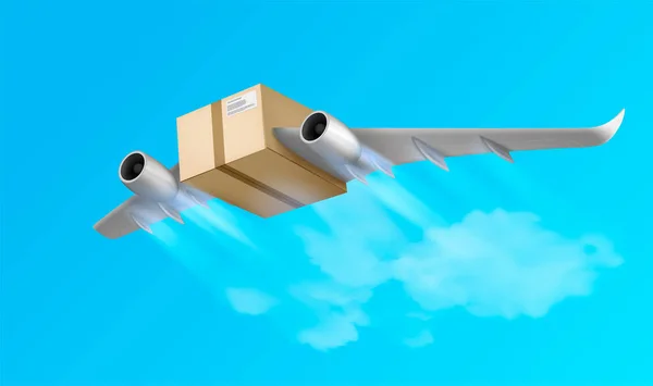 Caja Vuelo Entrega Aire Composición Realista Con Imagen Conceptual Paquete — Vector de stock