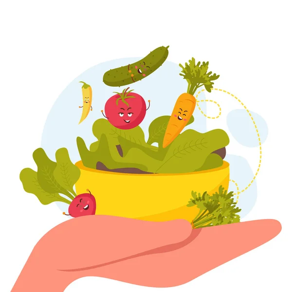 人手病媒图上印有可爱卡通蔬菜碗的平面有机设计概念 — 图库矢量图片