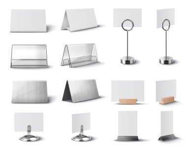 Beyaz arkaplan vektör illüstrasyonunda izole edilmiş çeşitli tutucular üzerinde farklı malzemelerden oluşan boş yer kart modellemesi