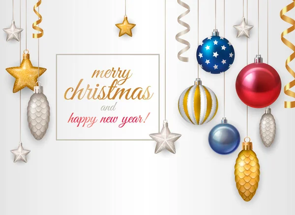 Cartel Realista Navidad Año Nuevo Con Bolas Decoración Estrellas Conos — Archivo Imágenes Vectoriales