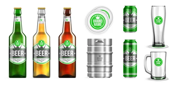 Ícone Mockup Cerveja Realista Definir Três Tipos Garrafas Cerveja Cores — Vetor de Stock