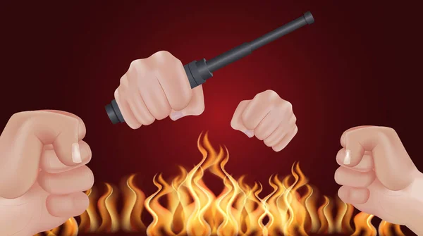 Hand Aggression Realistische Farbige Flamme Und Vier Fäuste Und Waffen — Stockvektor