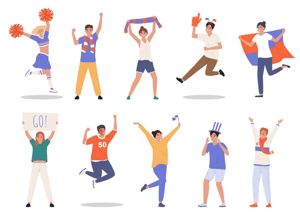 Flat Set Happy Sport Fans Cheerleaders Κρατώντας Πολύχρωμα Χαρακτηριστικά Απομονωμένη — Διανυσματικό Αρχείο