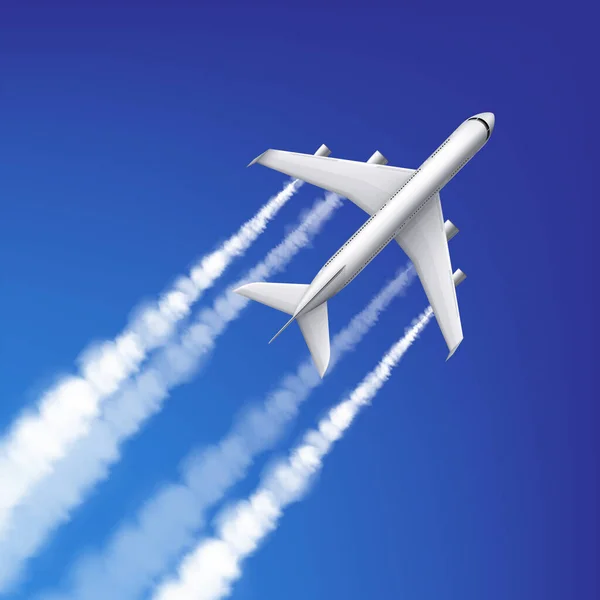 Avión Dejando Pistas Niebla Cielo Azul Ilustración Vectorial Realista — Vector de stock