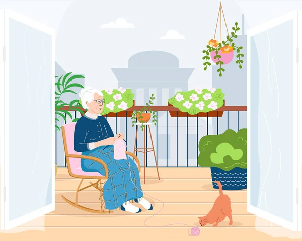 老婦人はバルコニーで椅子に座って フラット色の組成ベクトルイラストを編む — ストックベクタ