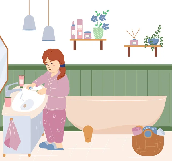 Mattina Infantile Igiene Sfondo Piatto Con Bambina Vestita Pigiama Lavarsi — Vettoriale Stock