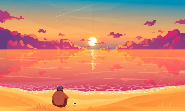 Sonnenuntergang Himmel Hintergrund Mit Meer Und Strand Flachen Vektor Illustration — Stockvektor
