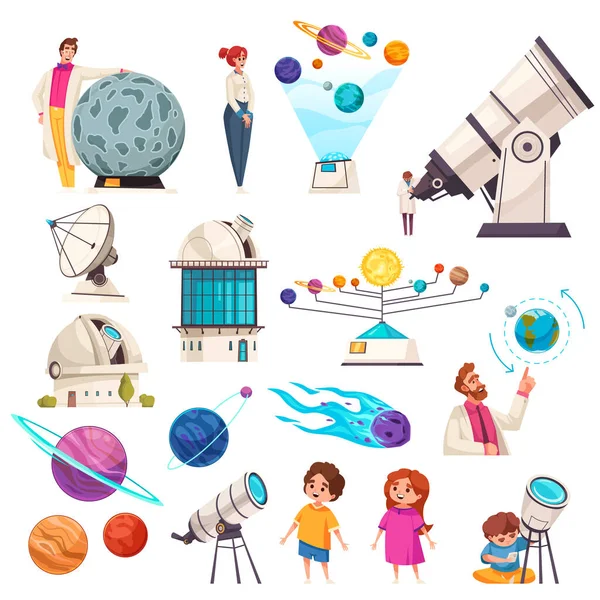 Iconos Del Observatorio Con Símbolos Planetarios Ilustración Vectorial Plana Aislada — Vector de stock