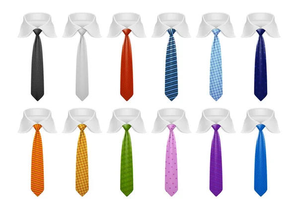 Realistische Reihe Von Weißen Hemdkragen Und Krawatten Verschiedenen Farben Und — Stockvektor