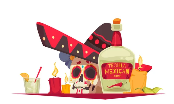 Mexiko Tag Der Toten Konzept Mit Festival Drink Symbole Flache — Stockvektor
