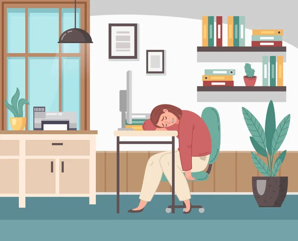 Εξαντλημένη Γυναίκα Συμπτώματα Επαγγελματικής Εξουθένωσης Κοιμάται Στο Χώρο Εργασίας Της — Διανυσματικό Αρχείο