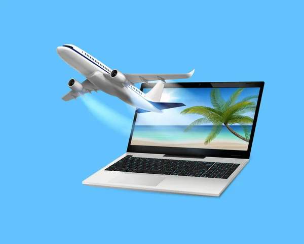 Letecký Letoun Laptopu Složení Realistickým Obrazem Tryskového Létání Mimo Obrazovku — Stockový vektor