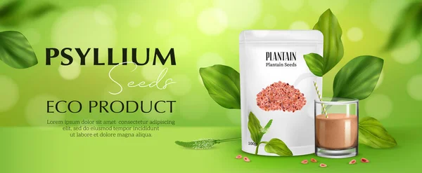 Realistiska Psyllium Superfood Affisch Med Eco Produkt Väska Och Växt — Stock vektor