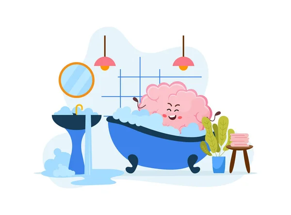 バスルームのフラットベクトルイラストで幸せな漫画の脳のキャラクター入浴と精神健康正のデザインコンセプト — ストックベクタ