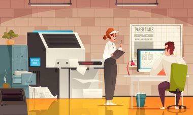 Gazeteciler ve matbaa makinesi illüstrasyonu ile gazete karikatürü