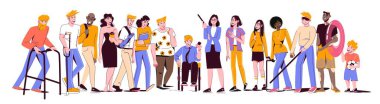 Renkli giyim vektörü illüstrasyonunda farklı insanların boş arkaplan ve çizgisine sahip çeşitlilik ve kapsama düzlemi düz kompozisyonu