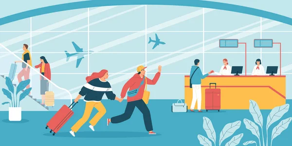 Les Gens Panique Courent Long Aéroport Avec Des Bagages Retard — Image vectorielle