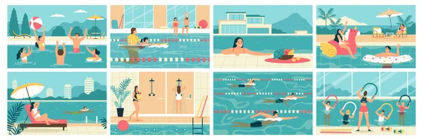 Personas Nadando Entrenamiento Relajante Piscina Plana Conjunto Aislado Vector Ilustración — Vector de stock