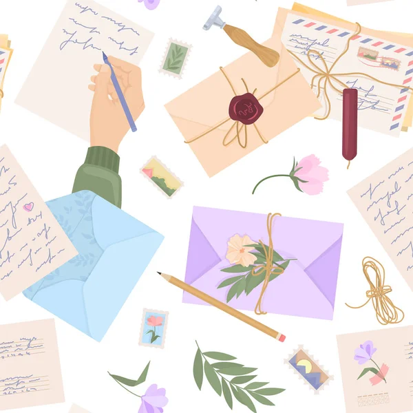 浪漫的信件贴上扁平的图案女人的手在矢量图解旁边写一封情书 信封里有花和属性 — 图库矢量图片