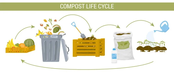 Kompostierung Flache Infografik Mit Beschreibung Des Kompostlebenszyklus Und Schritten Der — Stockvektor