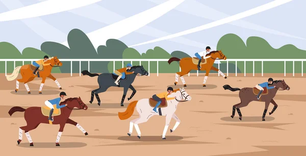 Häst Sport Tävlingsscen Platt Sammansättning Med Sex Jockeys Vektor Illustration — Stock vektor