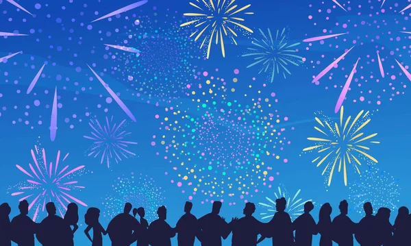 Fireworks Cartoon Composition Silhouettes People Watching Colorful Salute Explosions Vector — Stock Vector