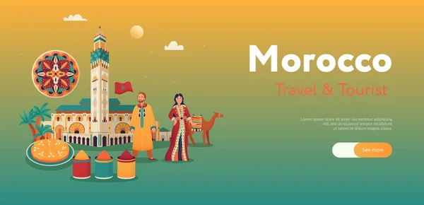 Reisen Nach Marokko Flache Horizontale Banner Mit Text Wahrzeichen Menschen — Stockvektor