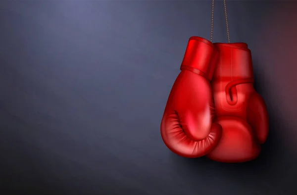 Boxing gloves realistic composition with dark gradient background and pair of red mufflers hanging on strings vector illustration