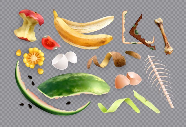 Livsmedelsavfall Set Med Isolerade Realistiska Bilder Matrester Och Organiska Rester — Stock vektor