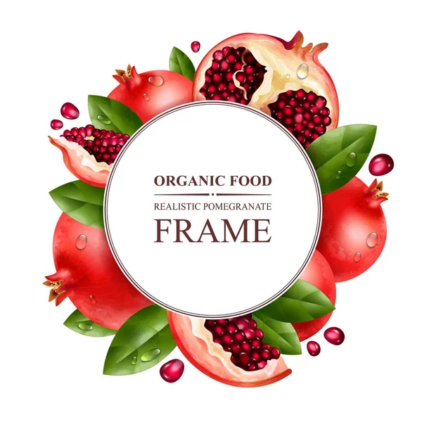 Granaatappel Realistische Frame Met Smakelijke Gezonde Voeding Symbolen Vector Illustratie — Stockvector