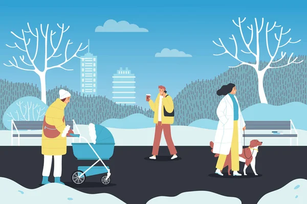 Les Gens Tenues Hiver Marchant Long Parc Ville Avec Bébé — Image vectorielle