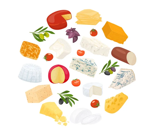 奶酪扁平圆形组合与不同类型的奶酪整体并切割成小块的载体图解 — 图库矢量图片