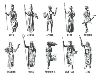 Ancient greek olympian gods with their names flat black and white set isolated vector illustration clipart