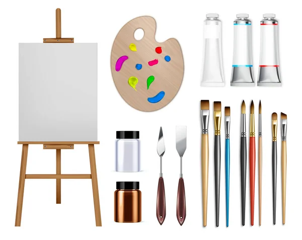 Artist Tools Oil Paint Realistic Set Isolated Images Paint Brushes — Stock Vector