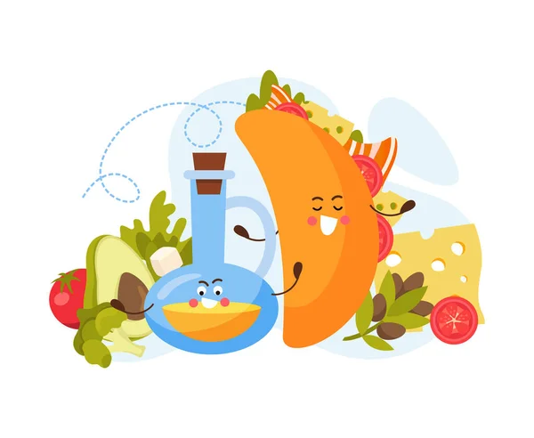Taco Desenho Animado Ilustração Vetorial Plana Com Personagens Alimentos Engraçados —  Vetores de Stock