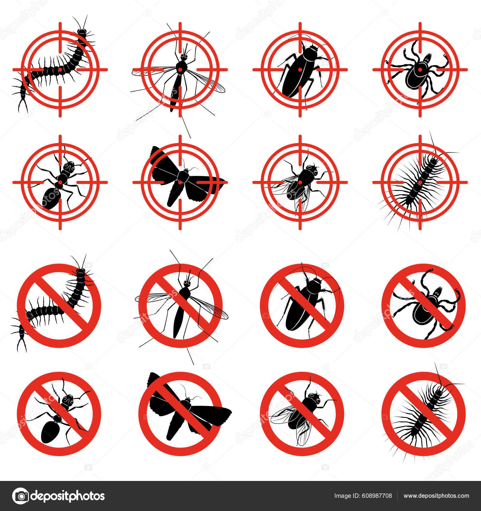Harmful Insects Monochrome Ban Signs Icon Set Moth Caterpillars Worms ...