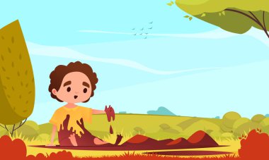 Çamur birikintisi vektör illüstrasyonunda oturan çocuğun olduğu edepsiz çocuk çizgi film posteri.