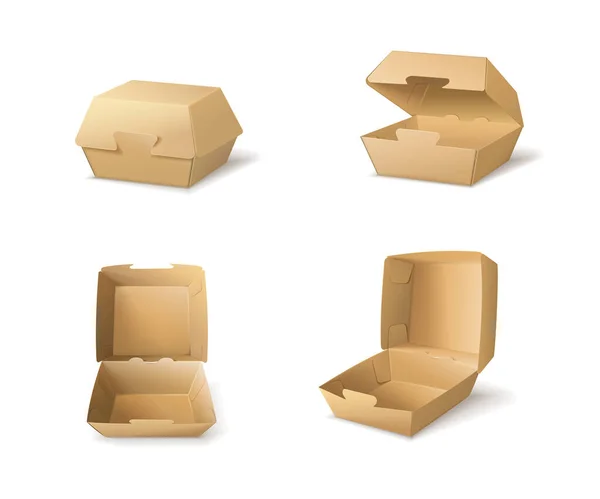 Set Isolated Burger Box Mockup Images Brown Cardboard Packages Open — Stock Vector